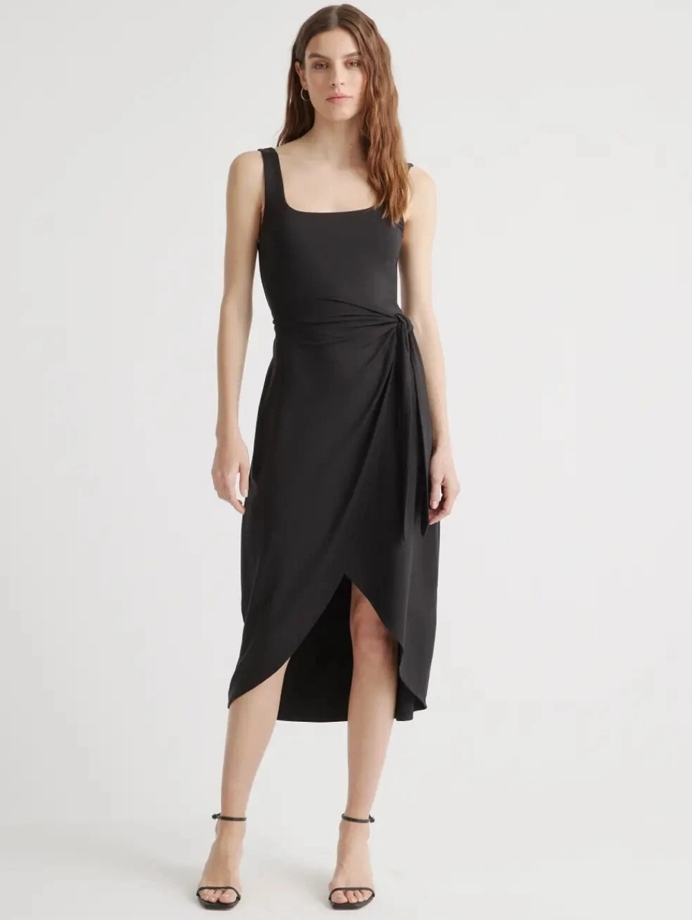 Quince Black Sleeveless Draped Midi Dress with Side Knotte